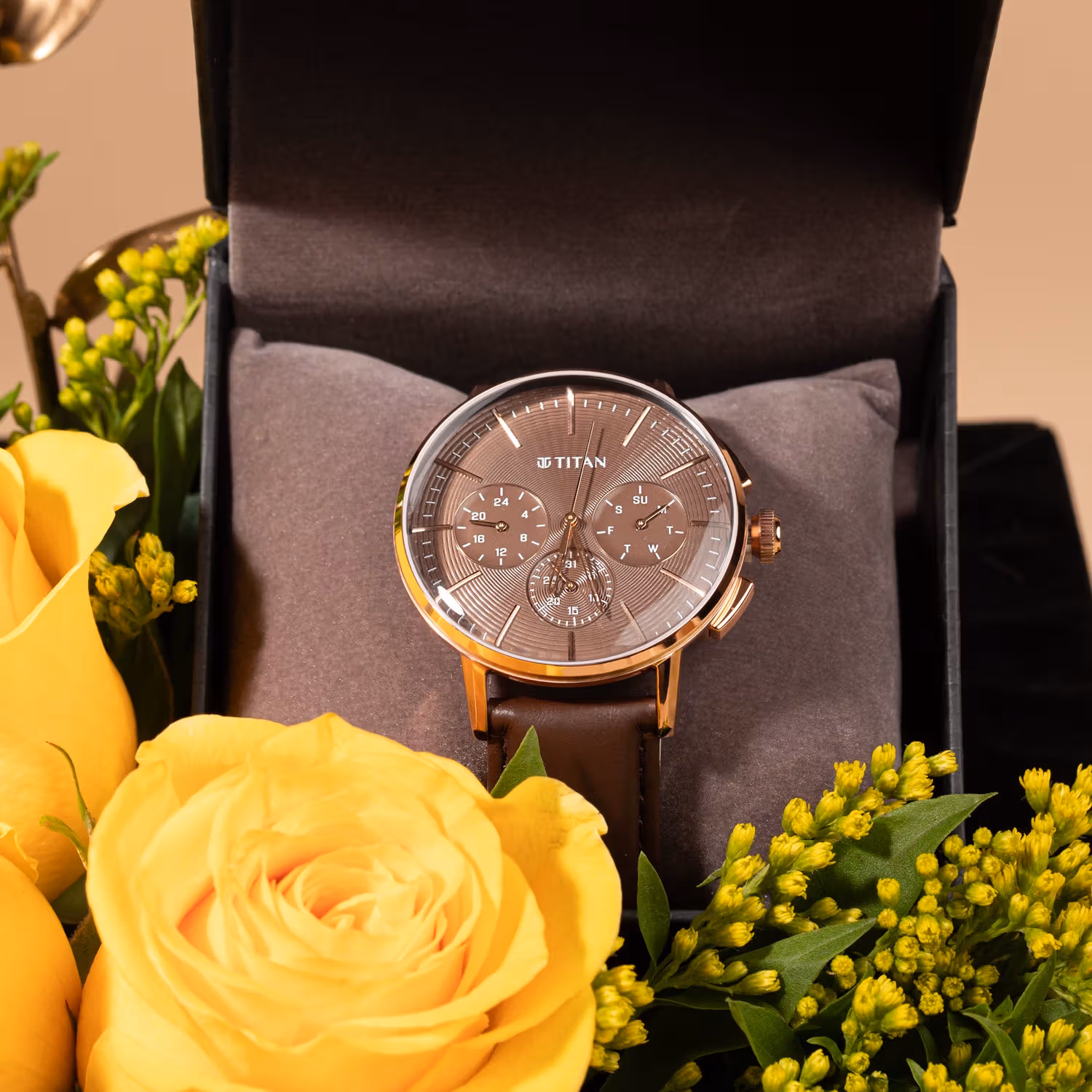 Titan Light Leather Multifunction Brown Dial Watch with Yellow Rose Charm for Men