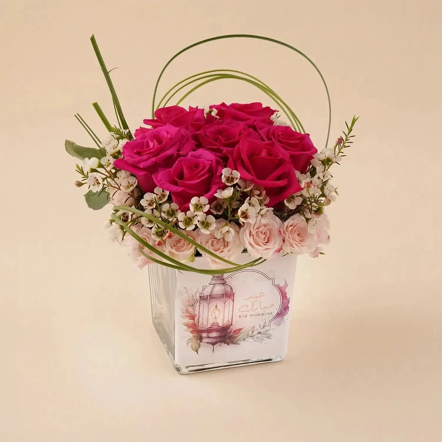 Eid Celebration Dark Pink Roses with Sweet Sara and White Wax Flowers in Glass Vase
