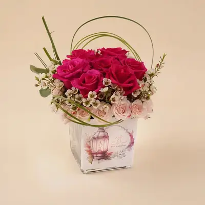 Eid Celebration Dark Pink Roses with Sweet Sara and White Wax Flowers in Glass Vase