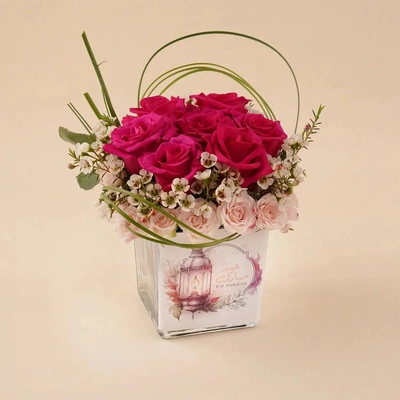Eid Celebration Dark Pink Roses with Sweet Sara and White Wax Flowers in Glass Vase