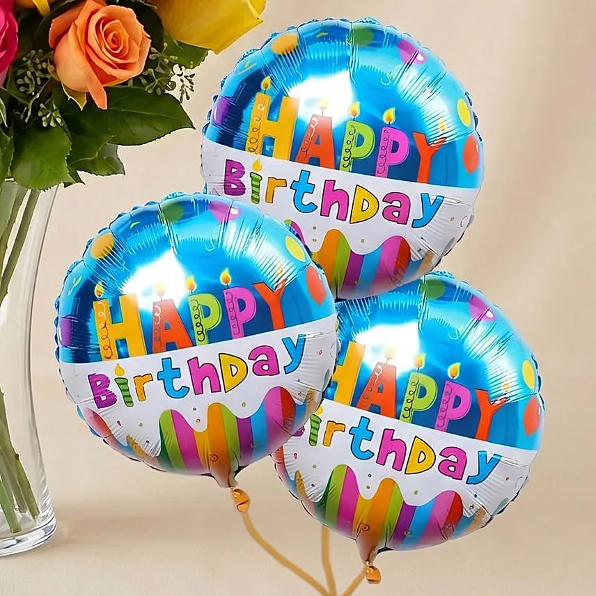 Vivid Roses Bunch With Birthday Balloon