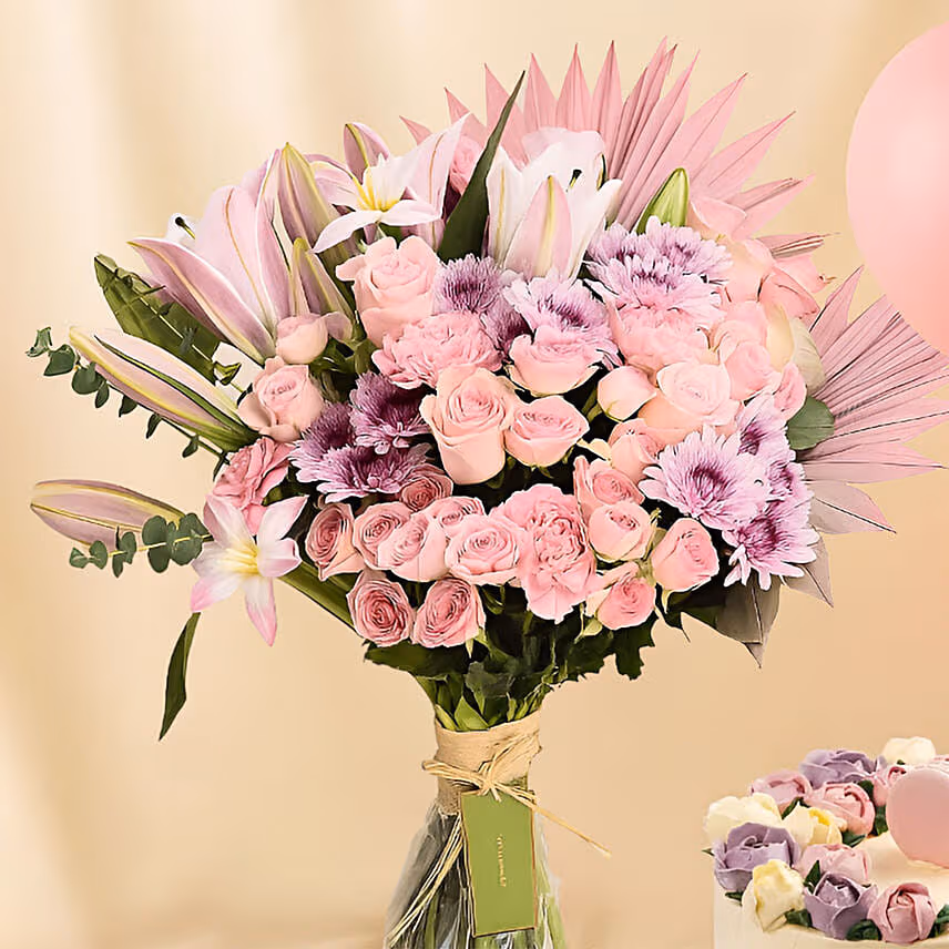 Pink Flowers Bouquet Cakes & Balloon