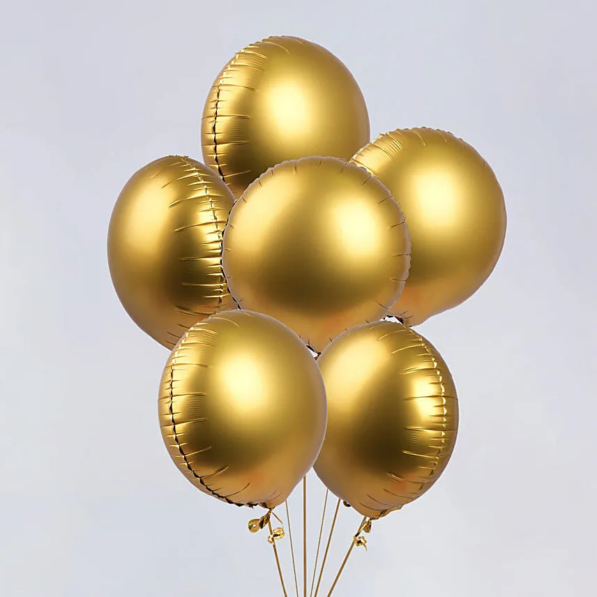6 Golden Foil Balloons & Chocolate Cake