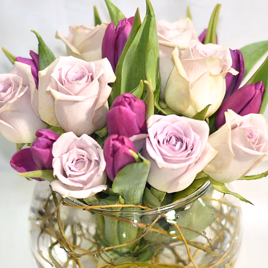 Beautiful Tulips Roses In Fish Bowl With Chocolate Cake