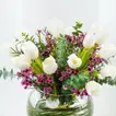 Elegant White Tulip and Wax Flower Arrangement in Glass Vase