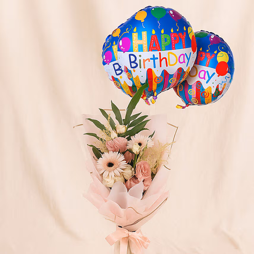 Dignified Mixed Flowers Bouquet with Birthday Balloon Set
