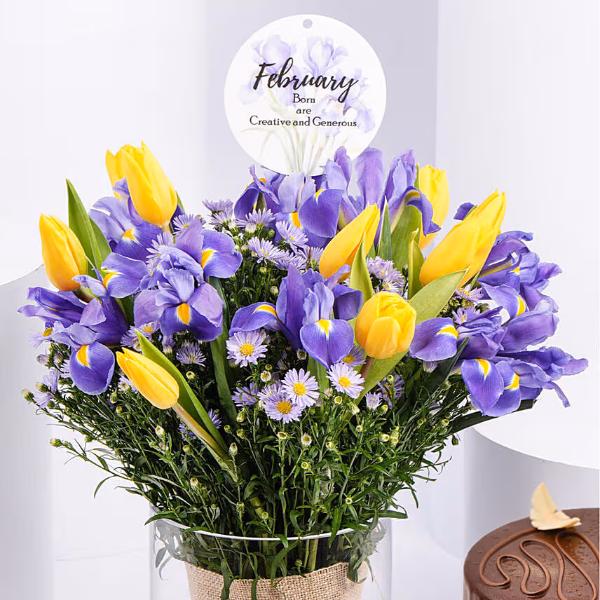 Feb Birthday Flower Iris & Tulips with Cake