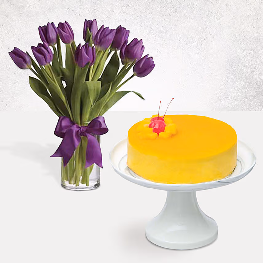 Royal Purple Tulips & Mango Mousse Cake