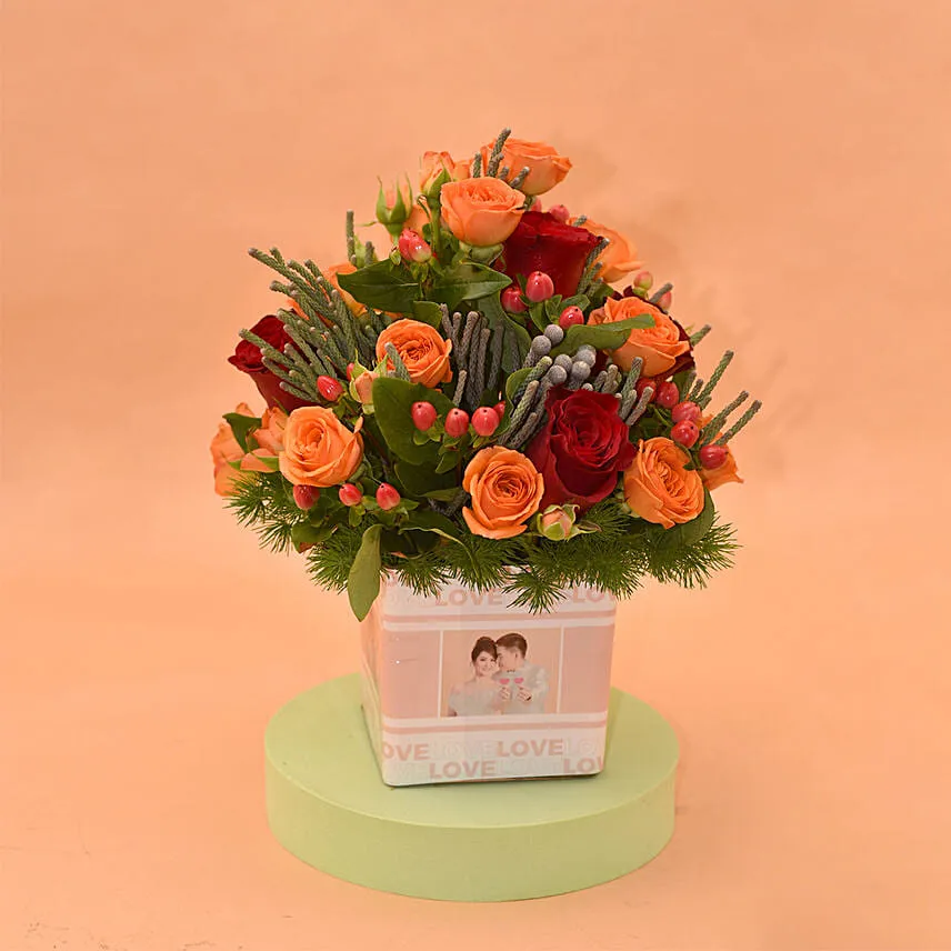 Tempting Roses In Square Personlised Glass Vase