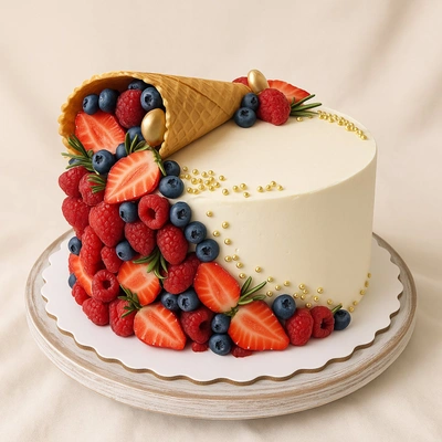 Decadent Chocolate Ice Cream Cone Cake with Fresh Berries & Golden Pearls