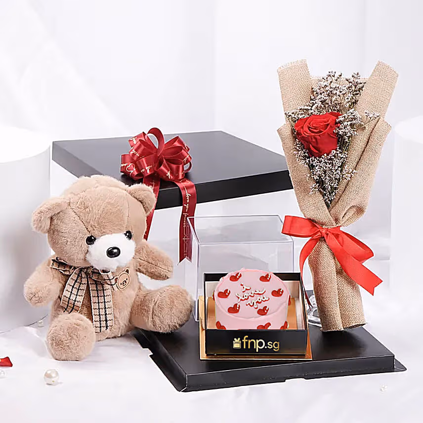 Valentines Teddy Cake and Forever Rose Box