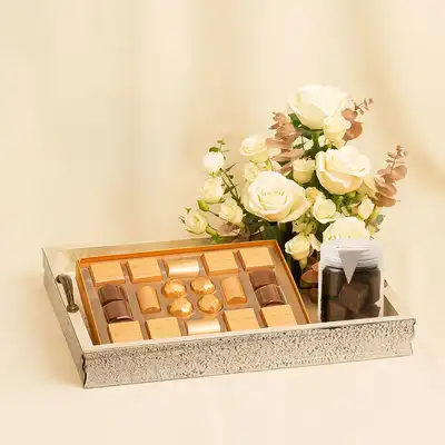 Bostani Chocolate With White Roses Tray