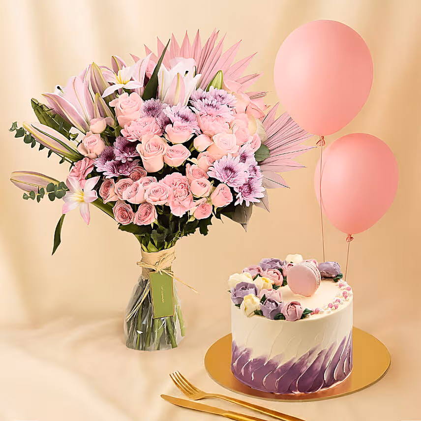 Pink Flowers Bouquet Cake & Balloon