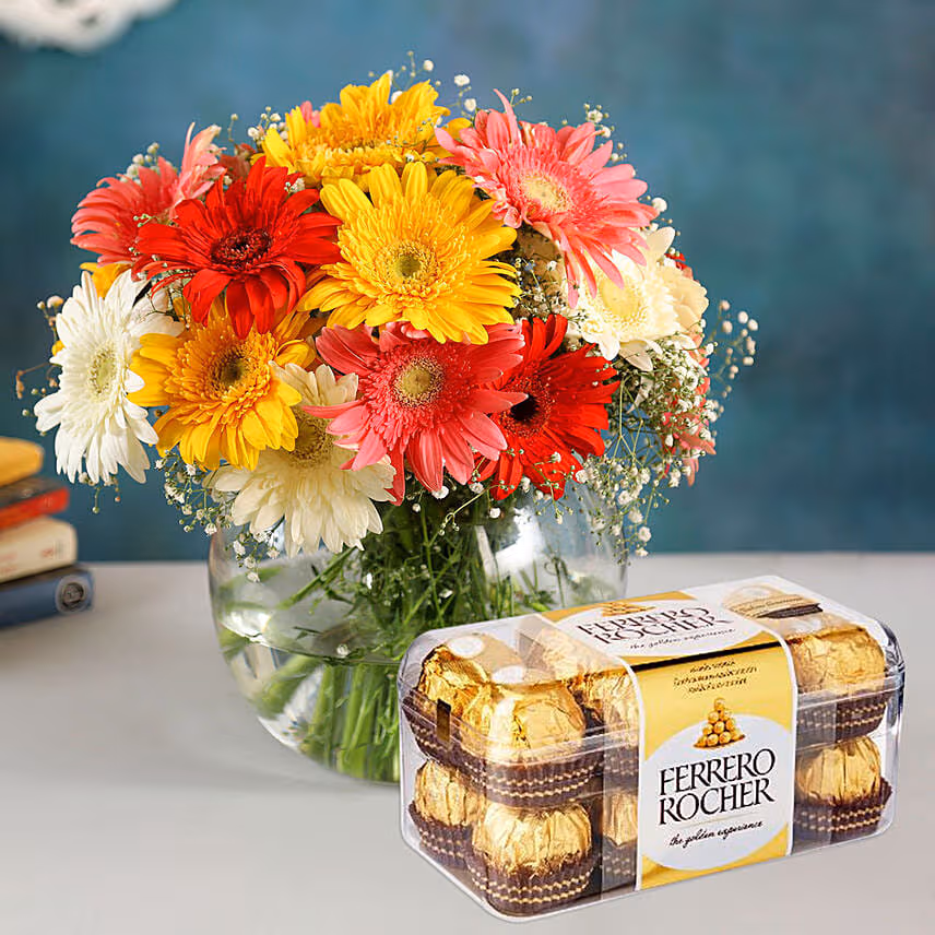 Classy Mix Of Gerbera Blossoms with Ferrero Rocher