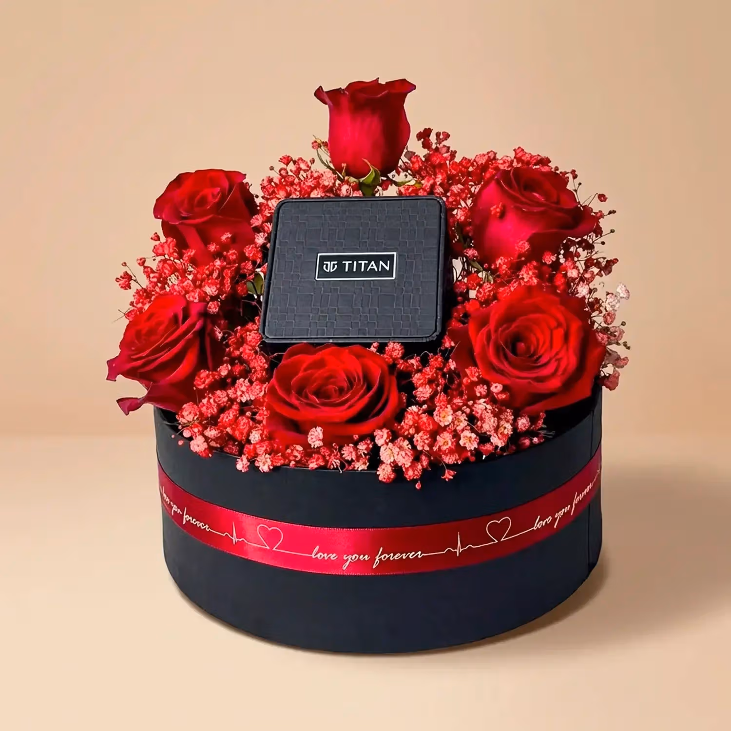 Timeless Elegance: Red Roses & Titan Blue Dial Watch Gift Set