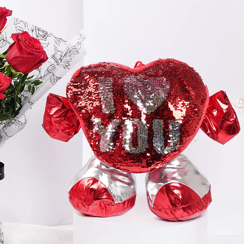Bouquet of 6 Red Roses With Hugging Heart for Valentines