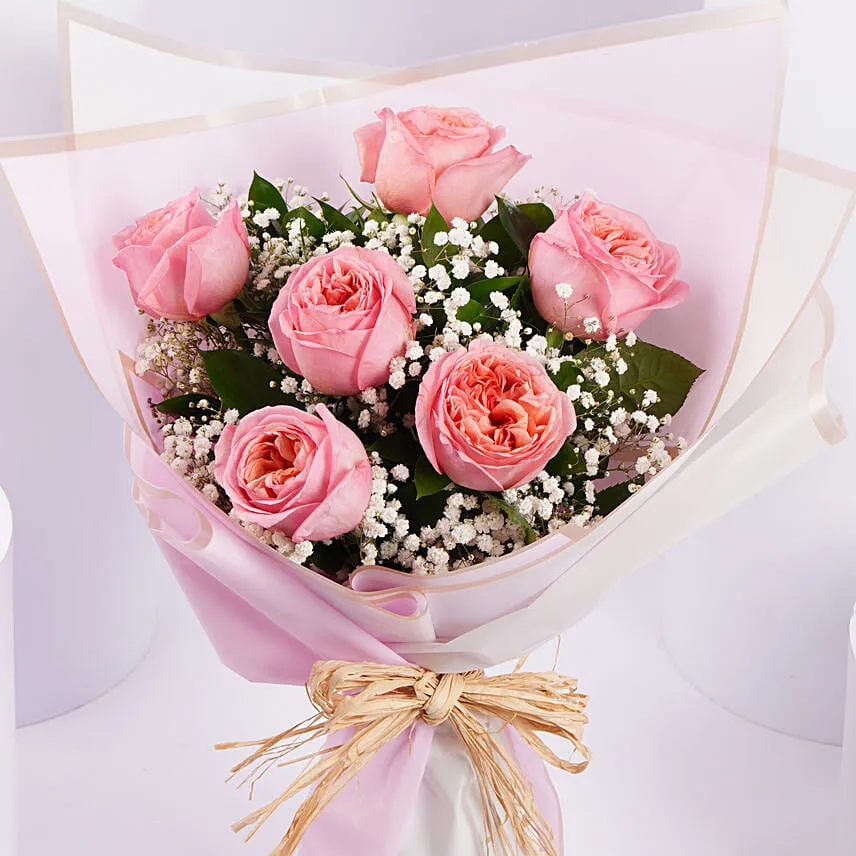 6 Pink Garden Roses Premium Bouquet