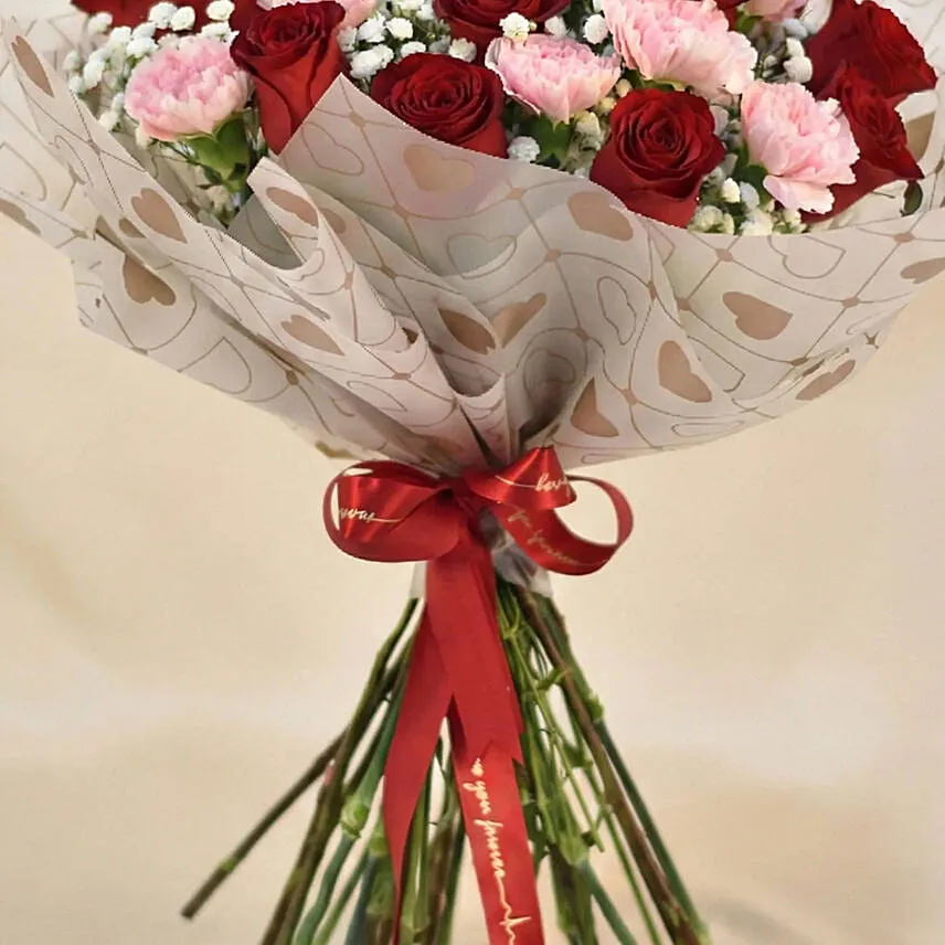 Carnation n Red Roses Bouquet for Valentine's