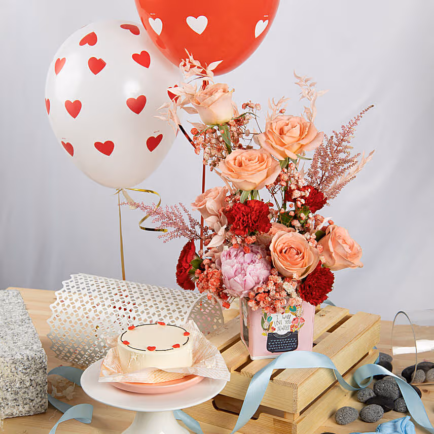 Anniversary Love Flower with Cake and Balloons