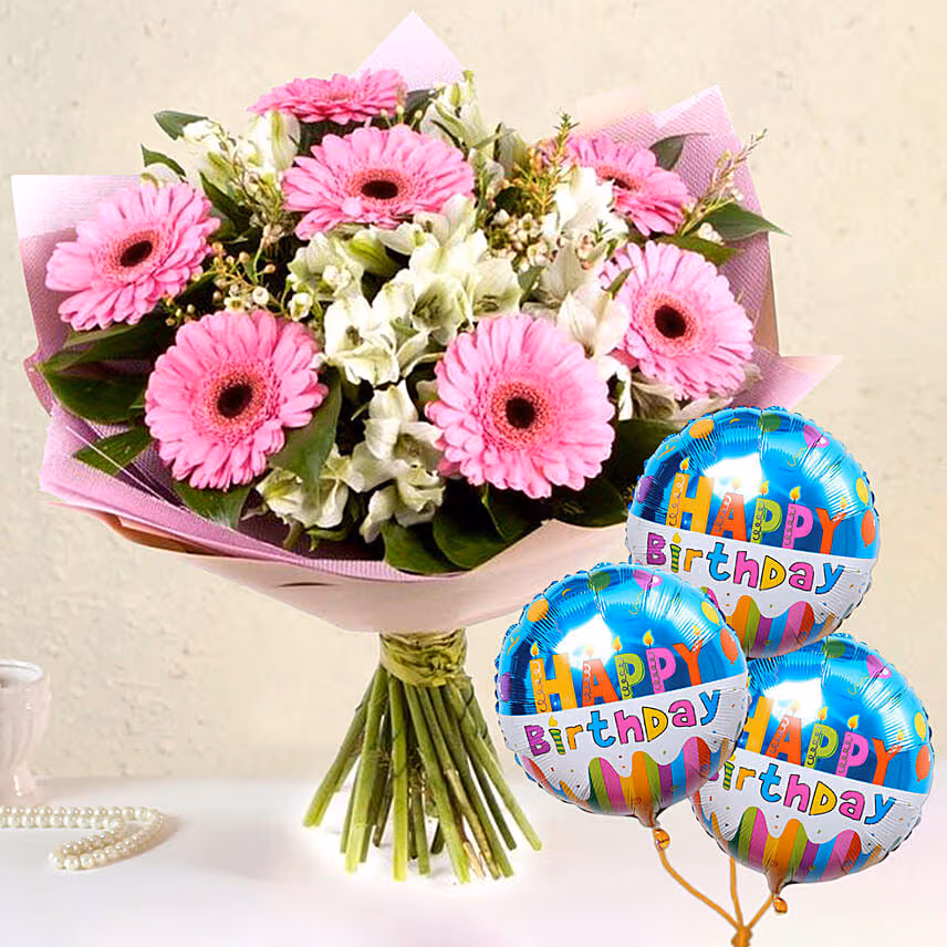 Serene Gerberas N Alstroemeria Bouquet With Birthday Balloon