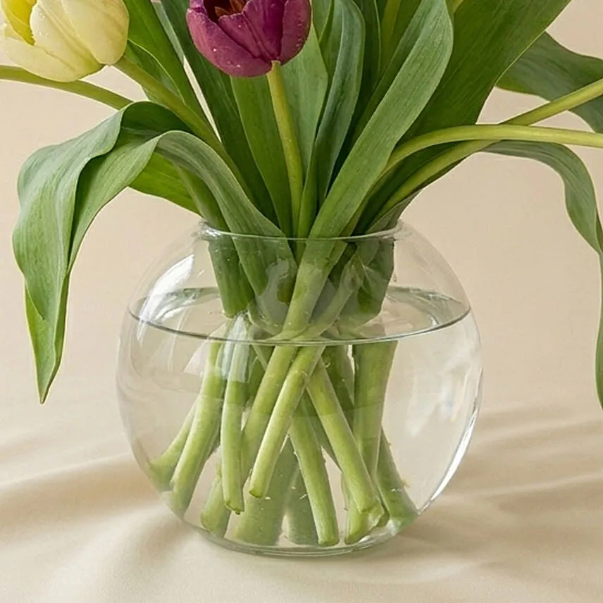 Beautiful Mixed Tulips Glass Vase