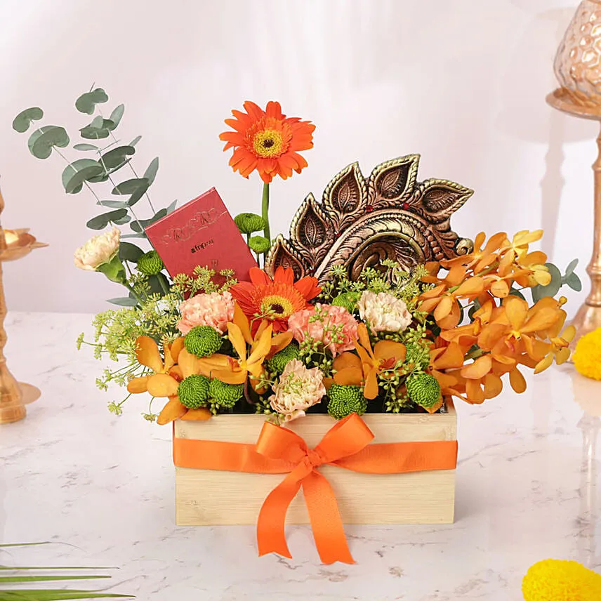 Premium 5 Diya Deepavali Flowers and Chocolate