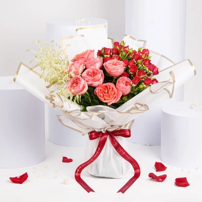 Elegant Pink Garden Rose Bouquet with Red Spray Roses and White Astilbe