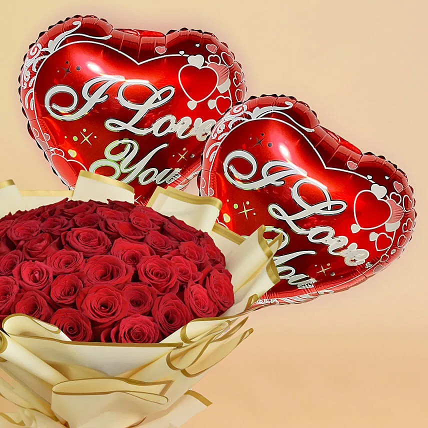 50 Valentines Roses Bouquet With Balloons