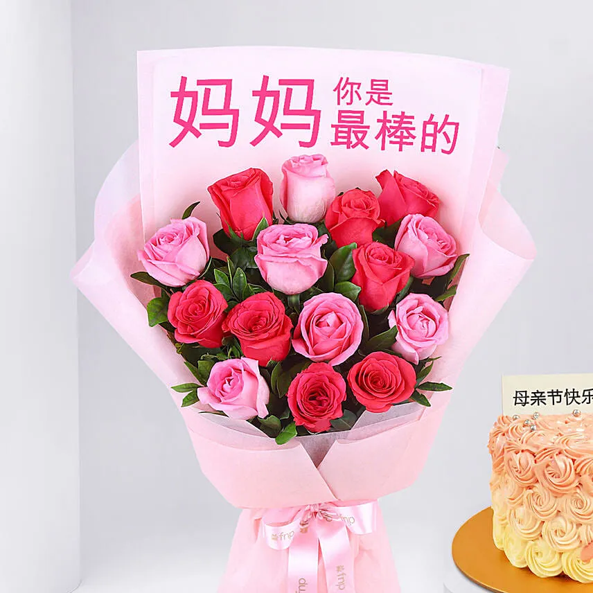 Mothers Love Roses Hand Bouquet with Cake