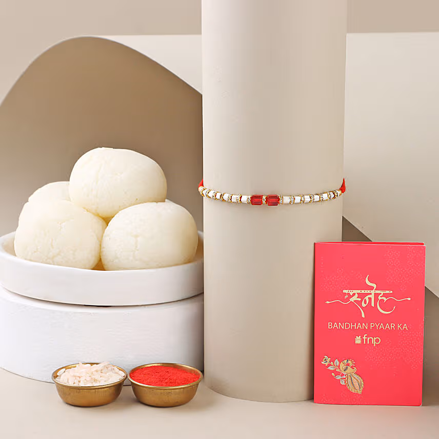 Sneh White and Red Bead Rakhi with Rasgulla