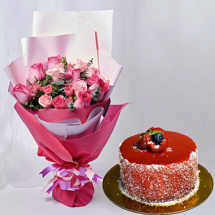 Magnificent Mixed Roses Wrapped Bouquet With Cake