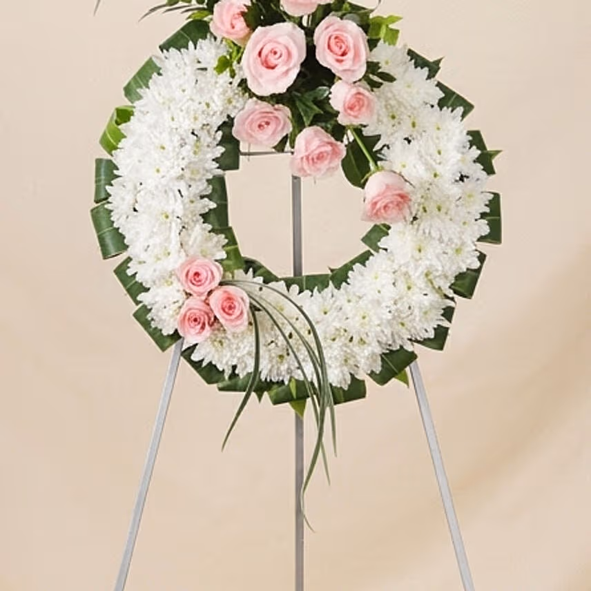 White and Pink Wreath Flowers Stand