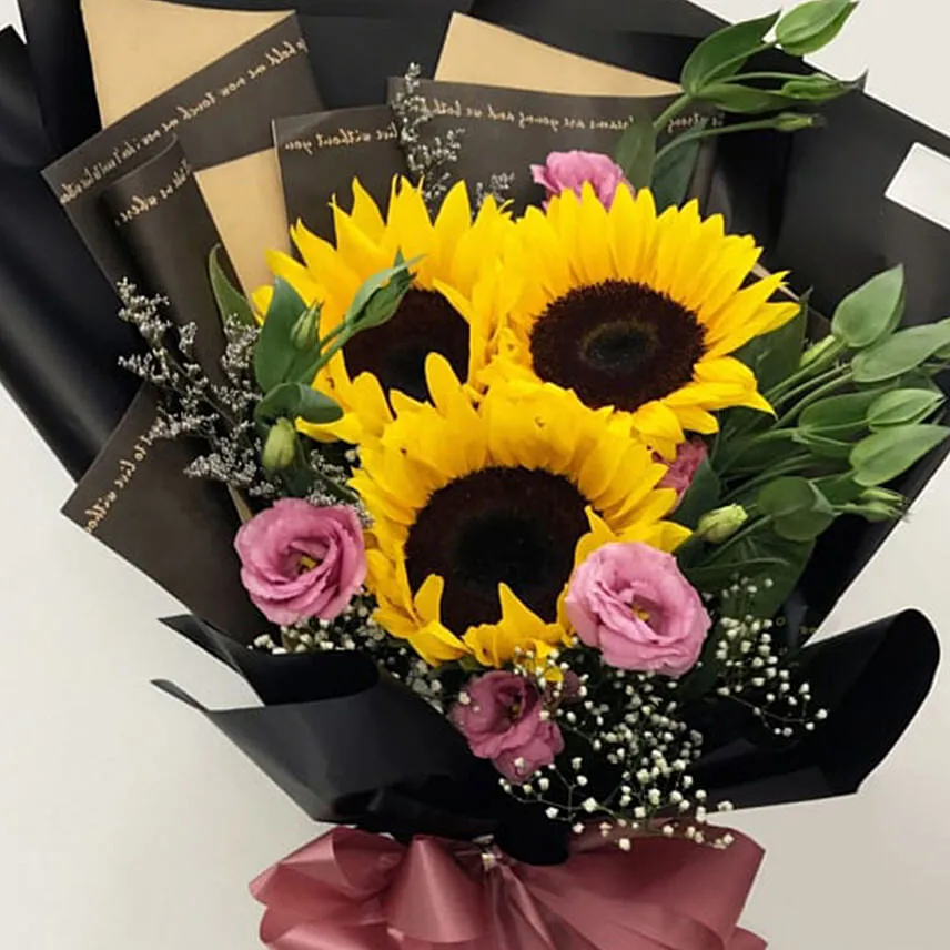 Sunflower N Lisianthus Beautifully Wrapped Bouquet for Fathers Day