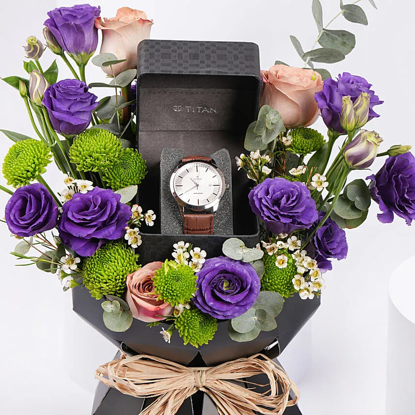 Gift of Titan Watch and Flowers For Him