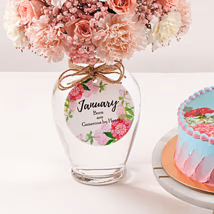 January Birthday Wish Flowers Vase And Cake