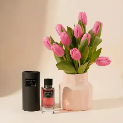 Exquisite Pink Tulip & Fragrance Gift Set: Elegance in a Vase - Emmanuelle Jane Paris VIP RED EDP 90ML