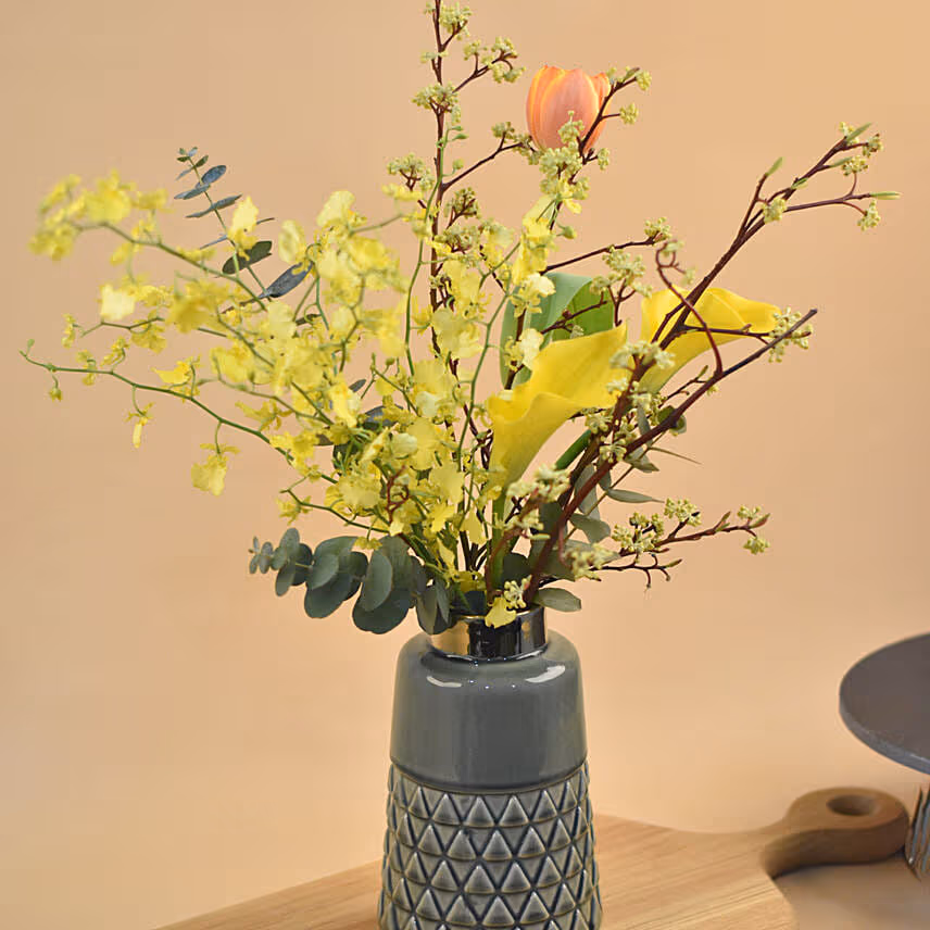 Orange Tulip & Yellow Lily Designer Vase