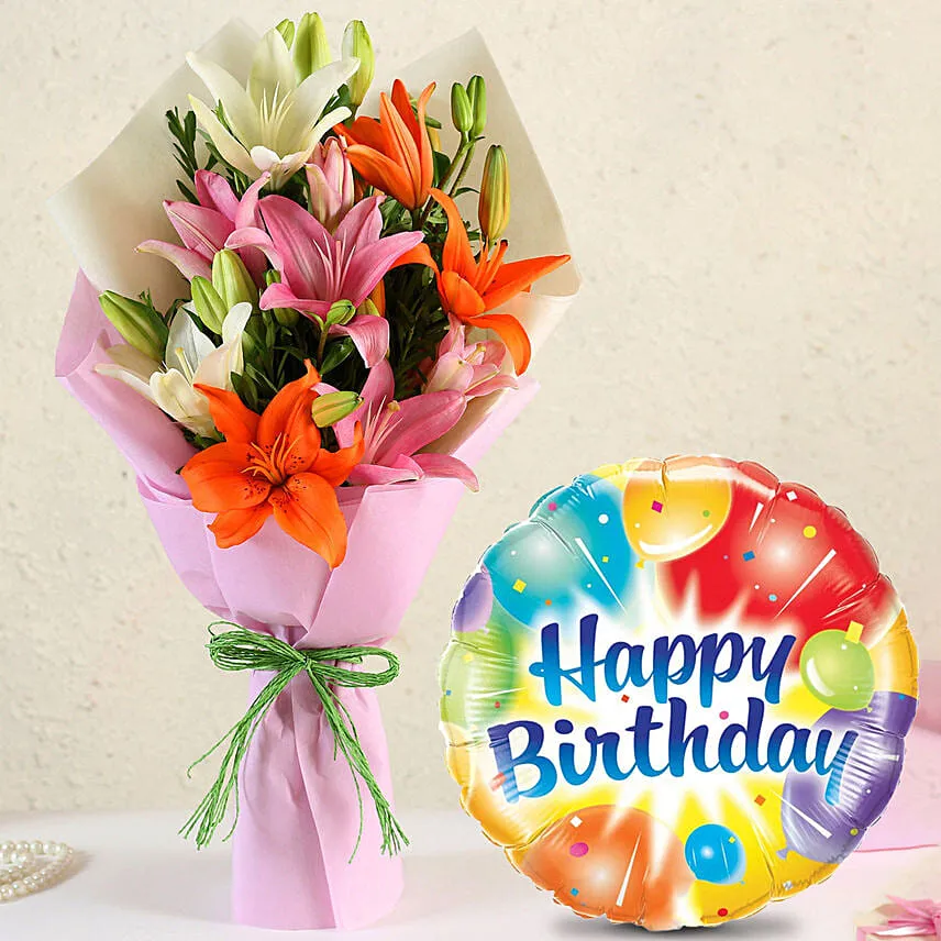 Attractive Mixed Asiatic Lilies Bunch with Birthday Balloon