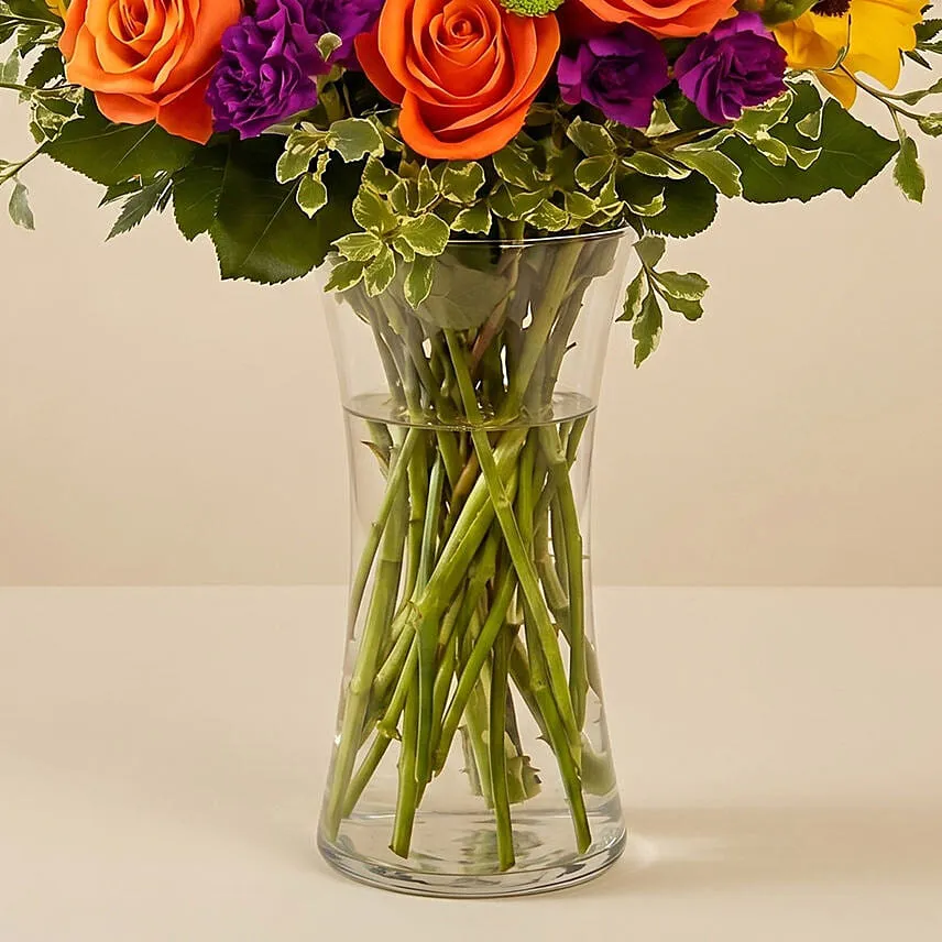 Vibrant Mixed Flowers Glass Vase