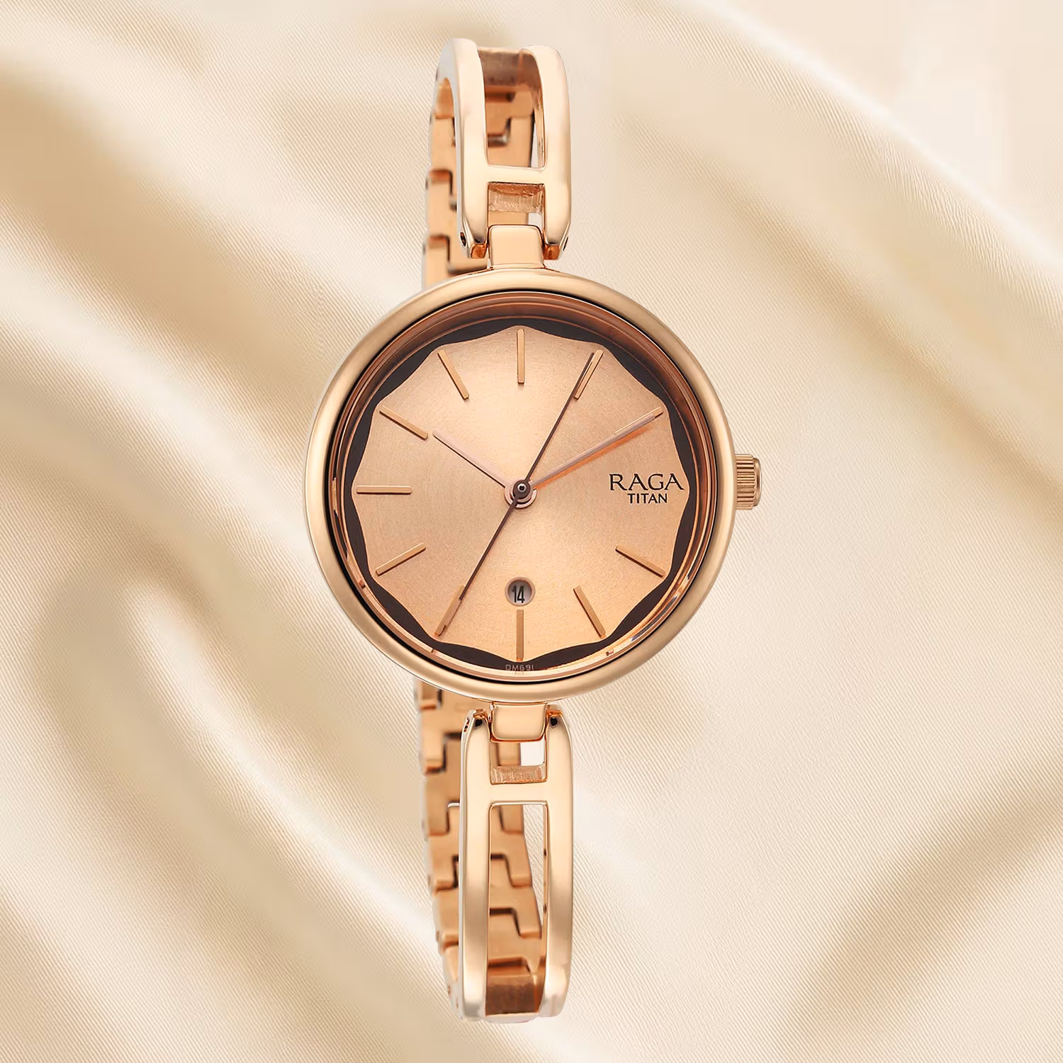 Titan Raga Viva Women's Analog Watch with Date, White Dial, Rose Gold Metal Strap