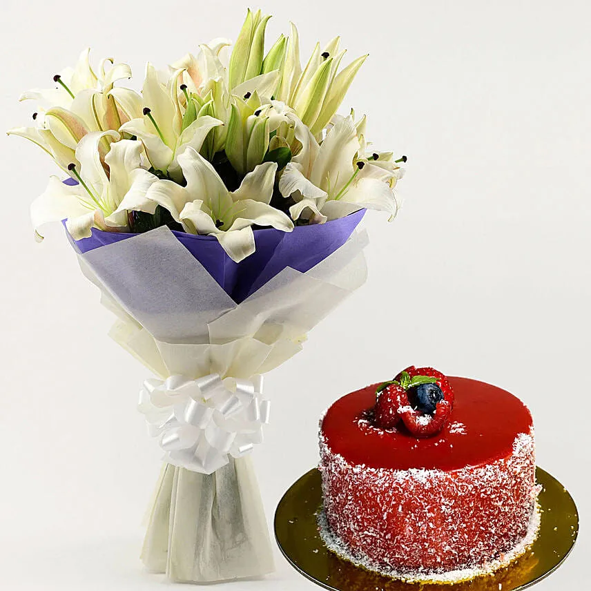 White Oriental Lilies Bouquet with Mini Mousse Cake