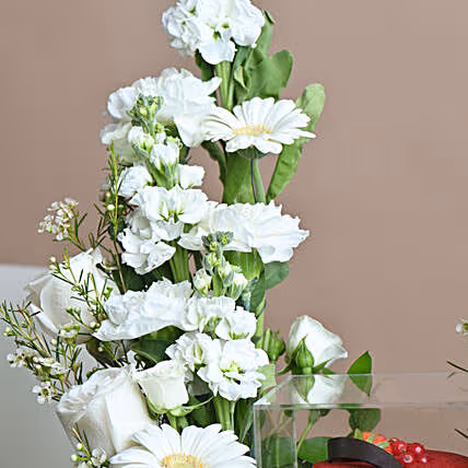 Elegant Anniversary Floral Arrangement with Red Velvet Cake