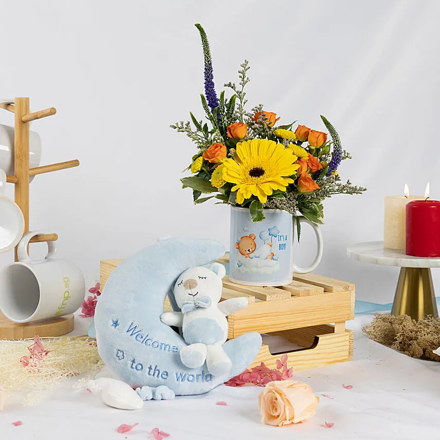 New Born Boy Flowers with Cozy Toy