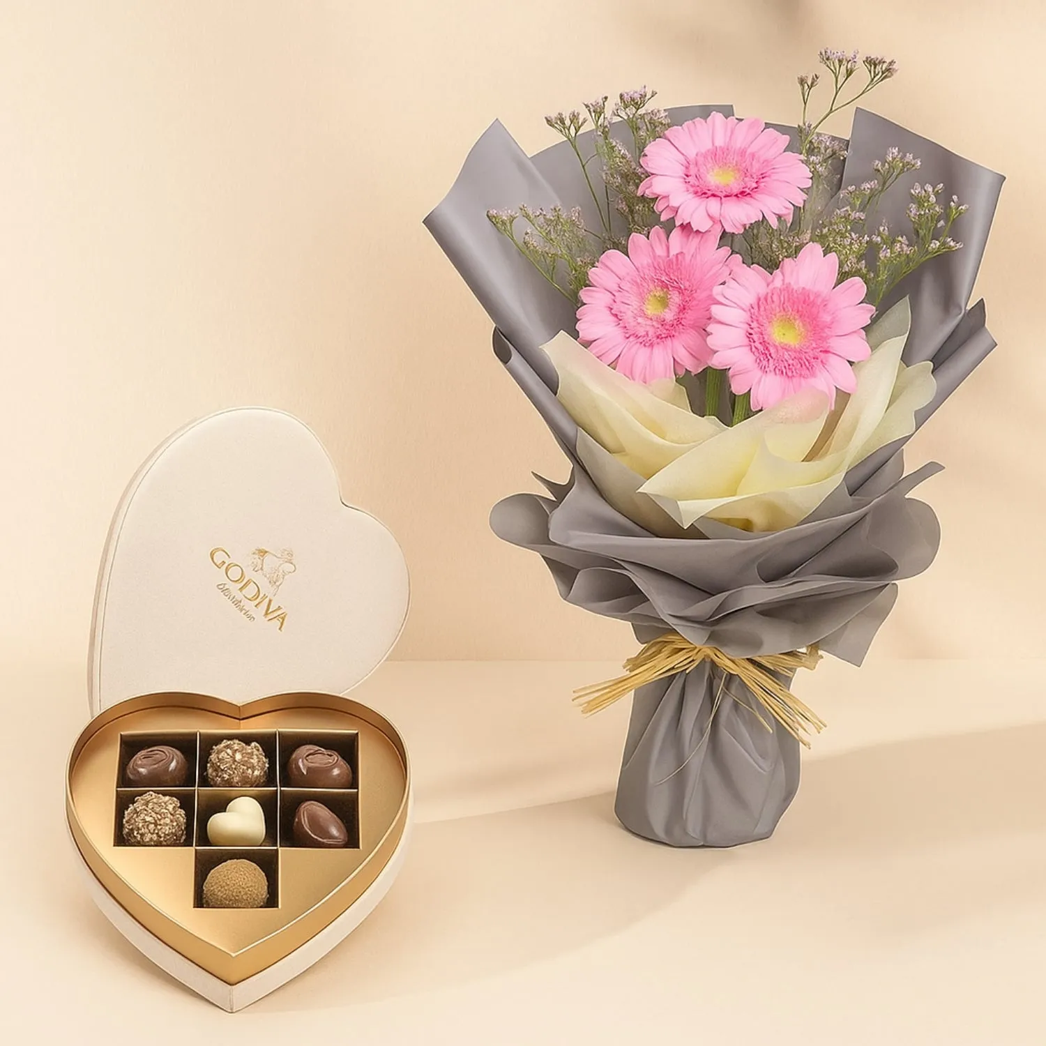 Elegant Godiva Beige Velvet Heart Gift Box with Luxurious Gerberas Bouquet