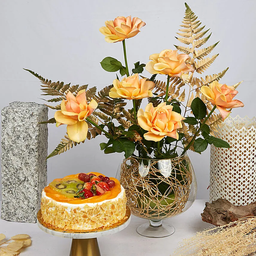 Peach Roses N Fruit Cake Combo