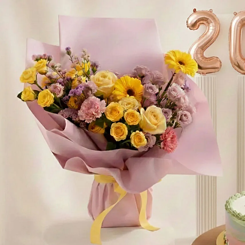 Cheerful Yellow & Pink Flowers Bouquet Cake n Balloons Combo