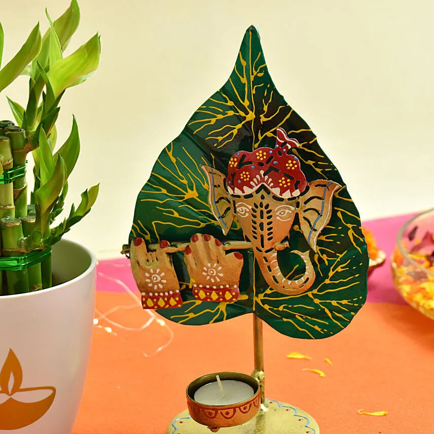 Ganesha Flute Tea Light Stand With Lucky Bamboo