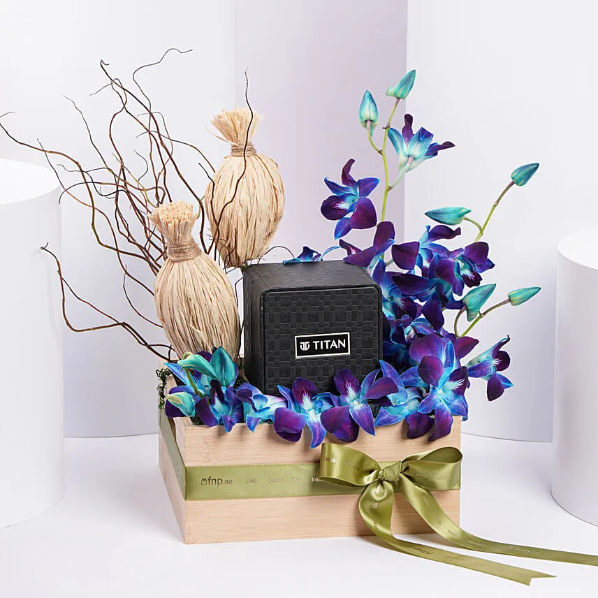 Titan Watch Gift Tray for Him with Orchid