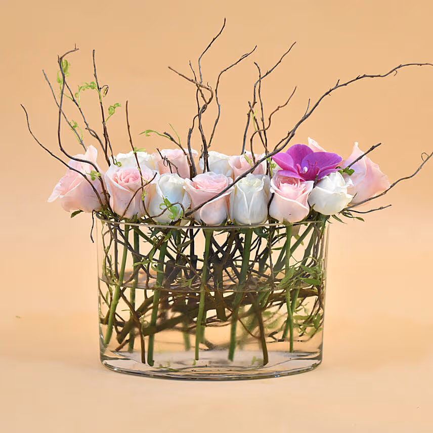 Serene Mixed Flowers Clear Glass Vase