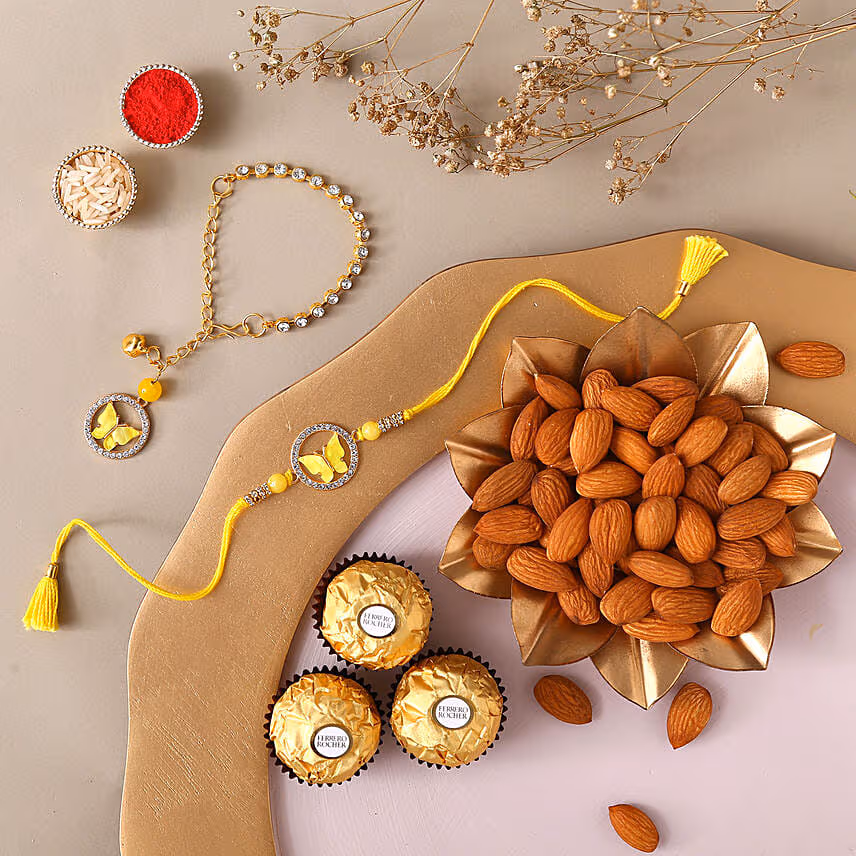 Sneh Yellow Rakhi Set With Almonds & Ferrero Rocher